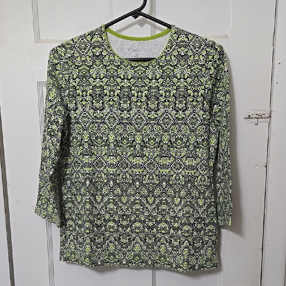 Kim Rogers Tops - KIM RODGERS PETITE SMALL 3/4 SLEEVE PATTERN PRINT GREEN NAVY WHITE SHIRT CASUAL